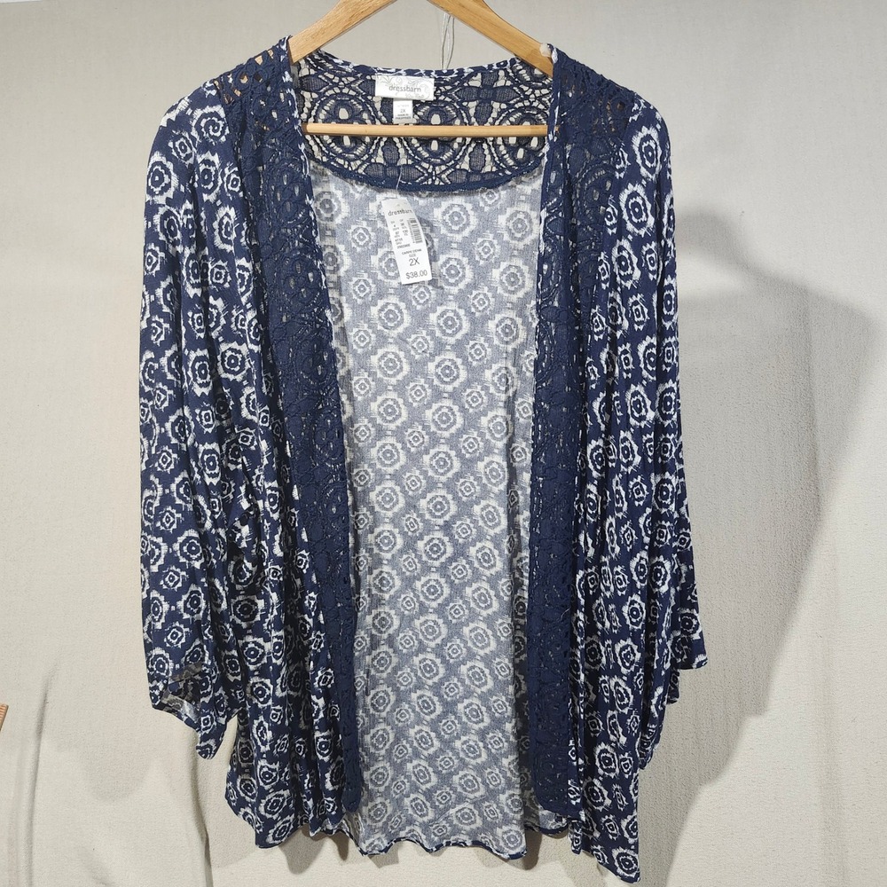 Dressbarn Women 2X Navy Blue White Medallion Lace Trim Kimono Cardigan NWT